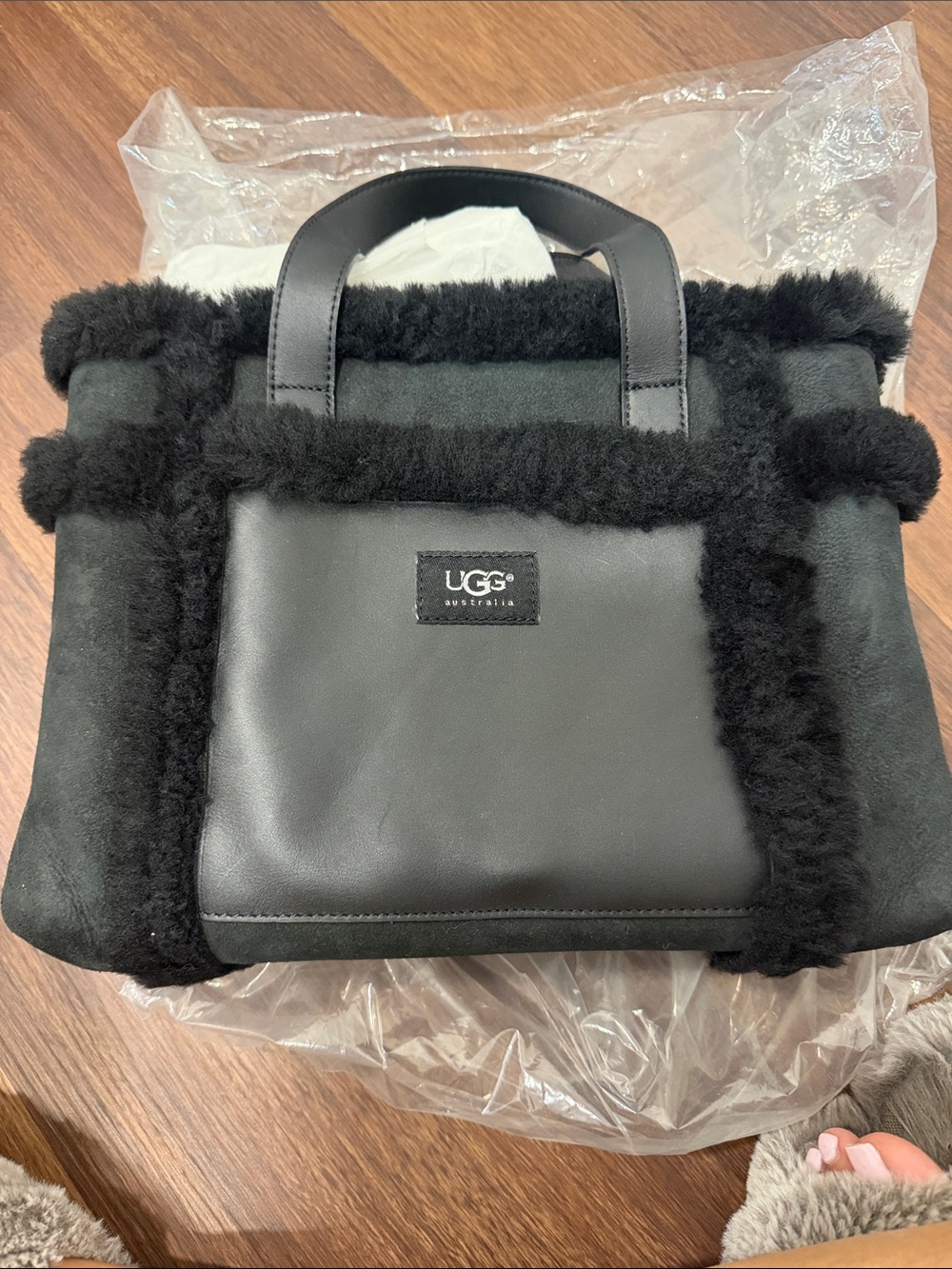 UGG Black Shearling-Trimmed Tote Bag